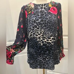 Fun Blouse Displays Floral Sleeves Up Against Leopard Print with velvet Trim M